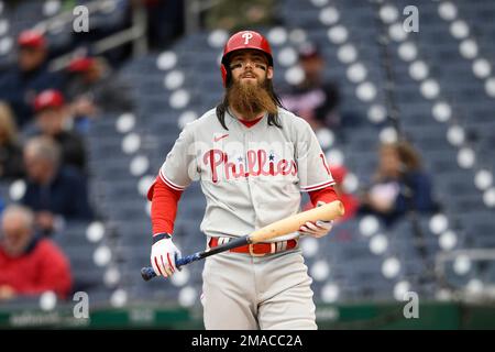 Philadelphia Phillies' Brandon Marsh looks on from the dugout during a ...