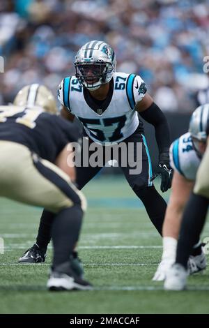 Carolina Panthers linebacker Damien Wilson watches during the first have of  an NFL preseason football game against the Buffalo Bills on Friday, Aug.  26, 2022, in Charlotte, N.C. (AP Photo/Jacob Kupferman Stock