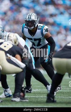 Carolina Panthers linebacker Damien Wilson watches during the first have of  an NFL preseason football game against the Buffalo Bills on Friday, Aug.  26, 2022, in Charlotte, N.C. (AP Photo/Jacob Kupferman Stock