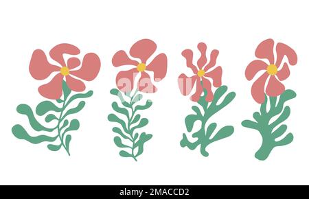 Pink floral elements. Flower and green leaves.Modern trendy Matisse minimal style. Floral poster, invite. Stock Vector