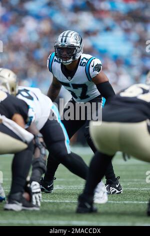 Carolina Panthers linebacker Damien Wilson watches during the first have of  an NFL preseason football game against the Buffalo Bills on Friday, Aug.  26, 2022, in Charlotte, N.C. (AP Photo/Jacob Kupferman Stock