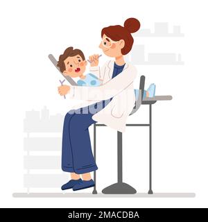 Dentist checking boy's teeth in a dentist's office. Proper dental care. Stock Vector