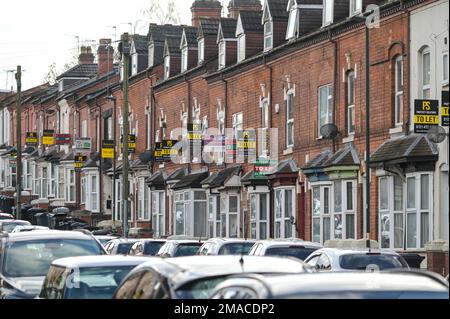 Selly Oak, Birmingham, January 19th 2023 - A row of terraced properties to rent in Selly Oak, Birmingham. House prices have fallen at a faster rate than expected, however the number of households privately renting in the UK has more than doubled over the past two decades, according to the 2021 Census, to 5 million. Average rents across the UK were up 10.8 percent annually in December 2022. As energy prices continue to remain high, so do the costs of renting a property. Credit: Stop Press Media/Alamy Live News Stock Photo