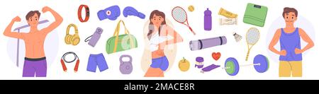 Various sport inventory set. Inventory for fitness ,athletics people, gym accessory. Different sport equipment. Isolated flat vector illustration. Stock Vector