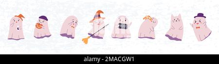 Happy Halloween banner or party invitation with cute ghosts in different costumes. Kawaii spooky character for children. Flat vector illustration. Stock Vector