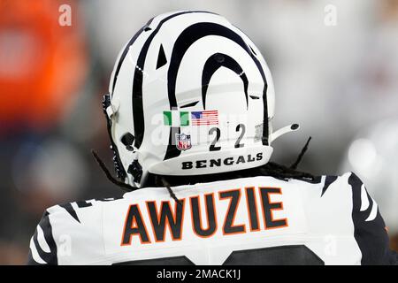 A close up, detail view of a Cincinnati Bengals helmet before an NFL  football game between the New York Jets and the Cincinnati Bengals, Sunday,  Sept. 25, 2022, in East Rutherford, N.J.