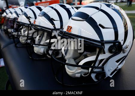 A detail view of the Cincinnati Bengals white striped helmet before an NFL  football game against the Miami Dolphins on Thursday, September 29, 2022,  in Cincinnati. (AP Photo/Matt Patterson Stock Photo - Alamy