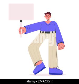 Smiling man is holding a blank poster. Placard for advertising. Protesting. Flat vector illustration Stock Vector