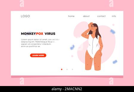 Monkeypox virus symptoms landing page. Website template of Monkeypox virus. Symptoms of Monkeypox. Woman suffering from the monkeypox virus Stock Vector