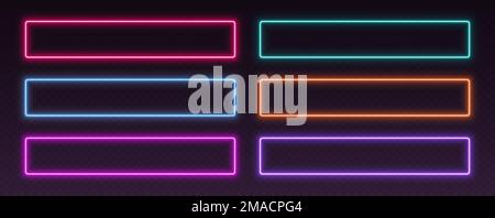 Neon frames, rectangular glowing borders set, colorful futuristic UI design elements. Stock Vector