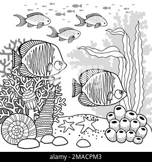 Vector coloring book page for adults. Black and white illustration of underwater life, sea creature, shell, algae and fish Stock Vector