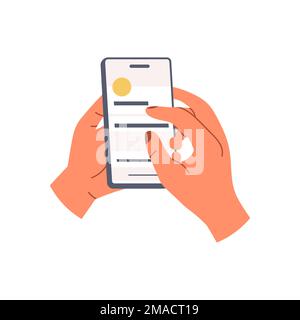Hand holding phone and scrolling news feed, social network. hand and phone icon. Flat vector illustration isolated on black background Stock Vector