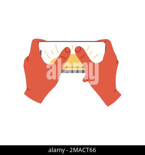Hand holding phone and zoom photo. Flat vector illustration isolated on black background Stock Vector