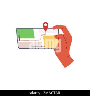 Hand holding phone with app for GPS navigation. Using smartphone screen with application for searching route. Flat vector illustration isolated on whi Stock Vector