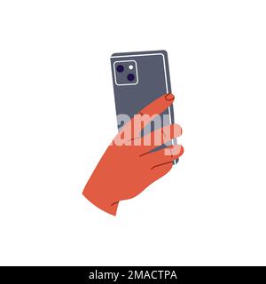 Hand holding phone and shoot video or take pictures. Flat vector illustration isolated on black background Stock Vector