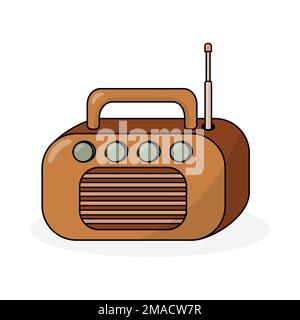 Retro radio, vintage wave receiver with antenna portable sound device in  cartoon Illustration #171613564
