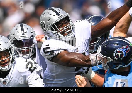 Las Vegas Raiders linebacker Divine Deablo (5) breaks up a pass intended  for Indianapolis Colts wide receiver Ashton Dulin (16) during the first  half of an NFL football game, Sunday, Jan. 2