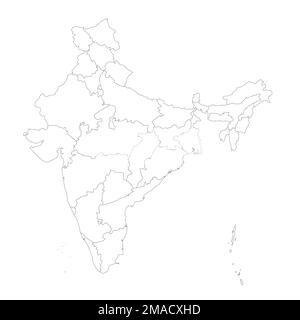 India political map of administrative divisions - states and union teritorries. Blank outline map. Solid thin black line borders. Stock Vector