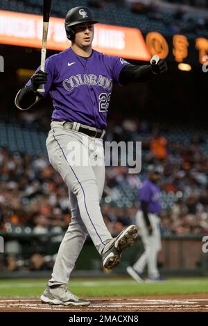 Colorado Rockies' Michael Toglia reacts after being hit by a pitch during  the ninth inning of a baseball game against the Washington Nationals at  Nationals Park, Monday, July 24, 2023, in Washington. (