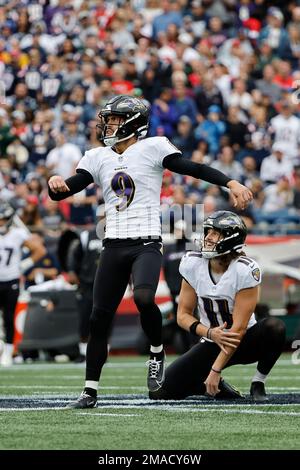 Baltimore Ravens place kicker Justin Tucker and holder Jordan Stout  celebrate Tucker's 56-yard field goal during an NFL football game against  the New England Patriots at Gillette Stadium, Sunday, Sunday, Sept. 24