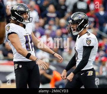 Baltimore Ravens place kicker Justin Tucker and holder Jordan Stout  celebrate Tucker's 56-yard field goal during an NFL football game against  the New England Patriots at Gillette Stadium, Sunday, Sunday, Sept. 24