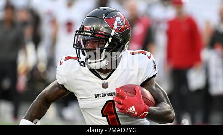 Tampa Bay Buccaneers wide receiver Jaelon Darden (1) sets up for a play  during the first half of a preseason NFL football game against the  Tennessee Titans, Saturday, Aug. 21, 2021, in