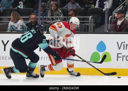 Calgary Flames center Adam Ruzicka (63) goes after the puck under the  skates of Florida Panthers center Sam Reinhart (13) during the third period  of an NHL hockey game, Saturday, Nov. 19, 2022, in Sunrise, Fla. (AP  Photo/Marta Lavandier Stock Photo