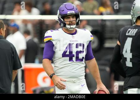 Minnesota Vikings long snapper Andrew DePaola wears a Crucial Catch cap  during the first half of an NFL football game against the Miami Dolphins,  Sunday, Oct. 16, 2022, in Miami Gardens, Fla. (