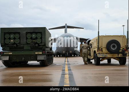 The base of an M270 Multiple Launch Rocket System (MLRS) is assembled ...