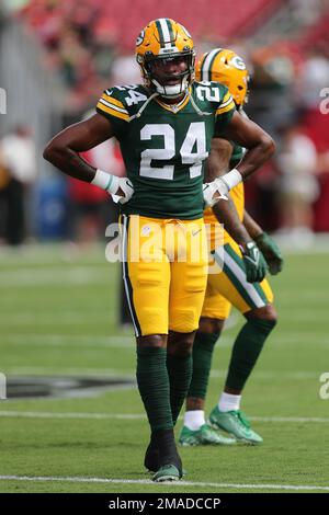 Green Bay Packers guard Zach Tom (50) runs onto the field during a NFL  football game against the Tampa Bay Buccaneers, Sunday, Sept. 25, 2022 in  Tampa, Fla. (AP Photo/Alex Menendez Stock