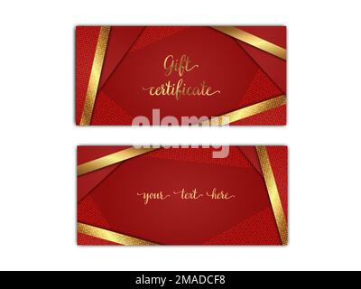 Gift certificate template. Luxury red voucher layout with shiny golden decor elements. Vector illustration of gift coupon with abstract rich backgroun Stock Vector