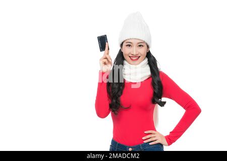 The young woman holding a card Stock Photo