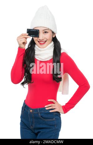 The young woman holding a card Stock Photo