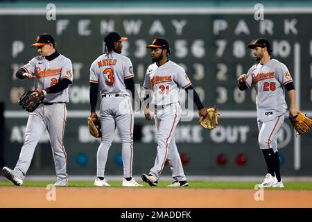 Baltimore Orioles' Jorge Mateo (3) and Ryan McKenna (26) celebrate after  the second baseball game of a doubleheader, Saturday, April 29, 2023, in  Detroit. Baltimore won 6-4. (AP Photo/Paul Sancya Stock Photo - Alamy