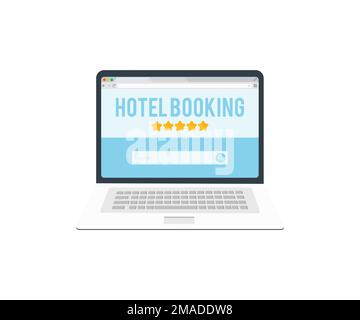 Planning vacation trip and searching information or booking an hotel on laptop logo design.  Booking website provide reservation system. Stock Vector