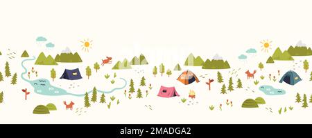Cute hand drawn vector seamless pattern with camping doodles, tents, landscape and trails, great for textiles, banners, wallpapers Stock Vector