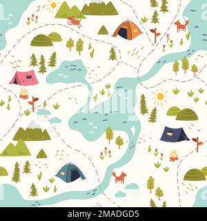 Cute hand drawn vector seamless pattern with camping doodles, tents, landscape and trails, great for textiles, banners, wallpapers Stock Vector