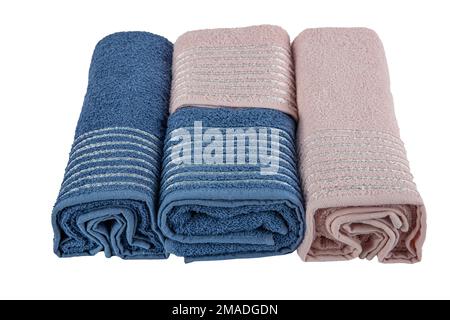 Folded Bath Towel Set and bath robe set. Bathrobe and slippers isolated on white. Stock Photo