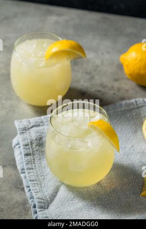 Cold Refreshing Lemon Sparkling Italian Soda with Ice Stock Photo