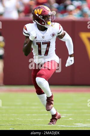 Washington Commanders wide receiver Terry McLaurin (17) in action during  the second half of an NFL football game against the Minnesota Vikings,  Sunday, Nov. 6, 2022, in Landover, Md. (AP Photo/Nick Wass