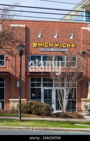 MATTHEWS, NC, USA-15 JANUARY 2023: Which Wich Sandwich restaurant on Trade Street at Park Center Drive. Stock Photo