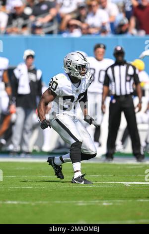 Las Vegas Raiders safety Duron Harmon celebrates his interception during an  NFL football game against the Seattle Seahawks, Sunday, Nov. 27, 2022, in  Seattle.The Raiders won 40-34 in overtime. (AP Photo/Caean Couto