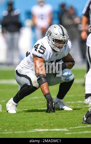 Las Vegas Raiders fullback Jakob Johnson (45) heads to the field before an  NFL football game against the Jacksonville Jaguars, Sunday, Nov. 6, 2022,  in Jacksonville, Fla. (AP Photo/Phelan M. Ebenhack Stock