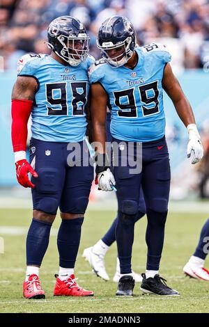 Tennessee Titans defensive tackle Jeffery Simmons #98 during an NFL  football game between the Tampa Bay Buccaneers and the Tennessee Titans,  Sunday, Oct. 27, 2019 in Nashville, Tenn. (Photo by Michael Zito/AP