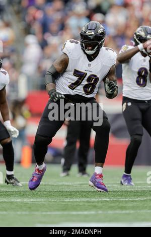 Morgan Moses of the Baltimore Ravens blocks against the Denver