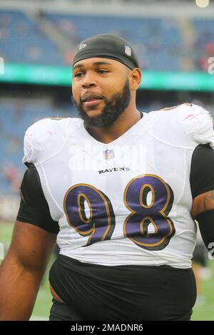 Baltimore Ravens defensive tackle Travis Jones (98) walks off the field  after an NFL football game against the New York Giants Sunday, Oct. 16,  2022, in East Rutherford, N.J. (AP Photo/Adam Hunger