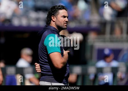 Seattle Mariners pitcher Robbie Ray and his wife Taylor pose for a photo at  T-Mobile Park, Wednesday, Dec. 1, 2021, following a news conference in  Seattle. The AL Cy Young Award winner —