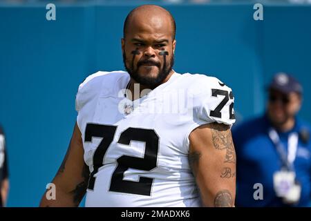 Las Vegas Raiders guard Jermaine Eluemunor (72) prays before an NFL  football game against the Tennessee Titans Sunday, Sept. 25, 2022, in  Nashville. (AP Photo/Mark Zaleski Stock Photo - Alamy