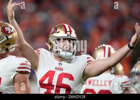 San Francisco 49ers long snapper Taybor Pepper (46) stands on the field  with punter Mitch Wishnowsky (18) before an NFL football game against the  Tampa Bay Buccaneers, Sunday, Dec.11, 2022, in Santa