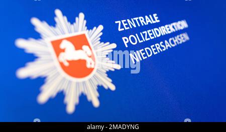 Langenhagen, Germany. 16th Jan, 2023. The lettering 'Central Police Directorate of Lower Saxony' can be read next to the Lower Saxony coat of arms. Credit: Moritz Frankenberg/dpa/Alamy Live News Stock Photo